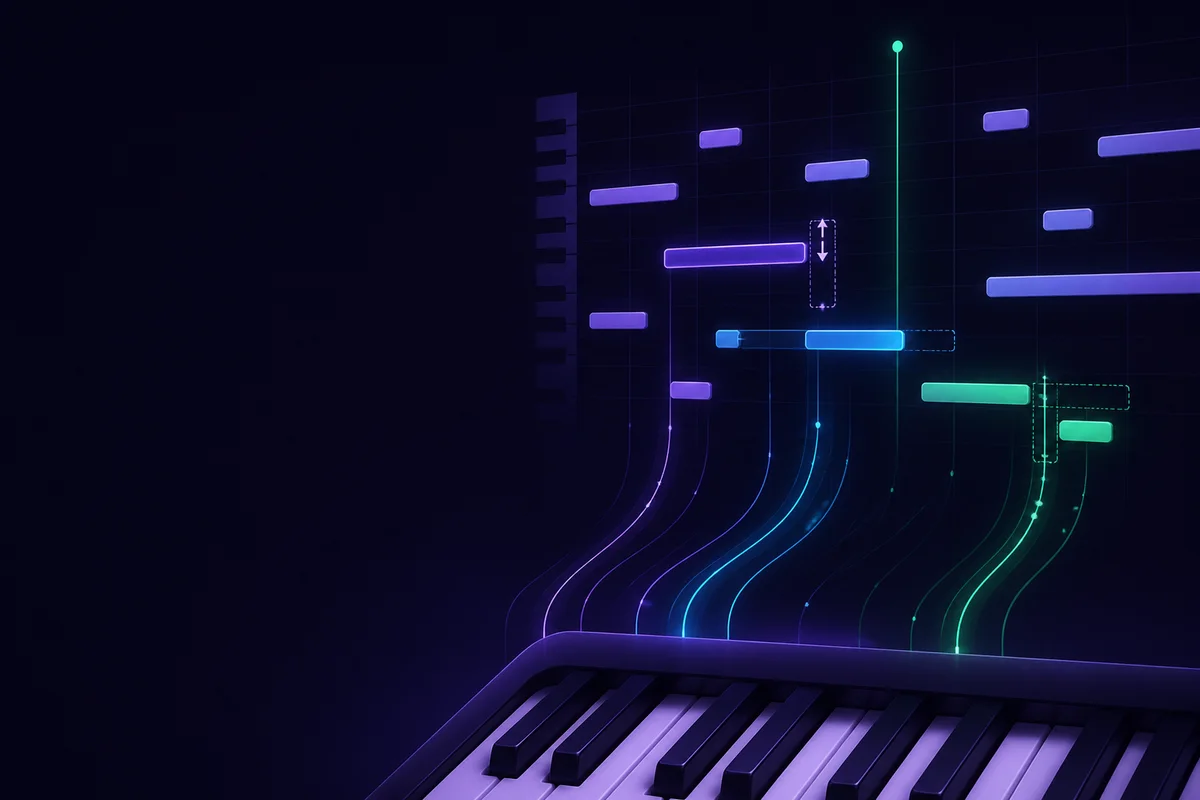 Conceptual MIDI notes flowing from a keyboard into an editable piano-roll grid